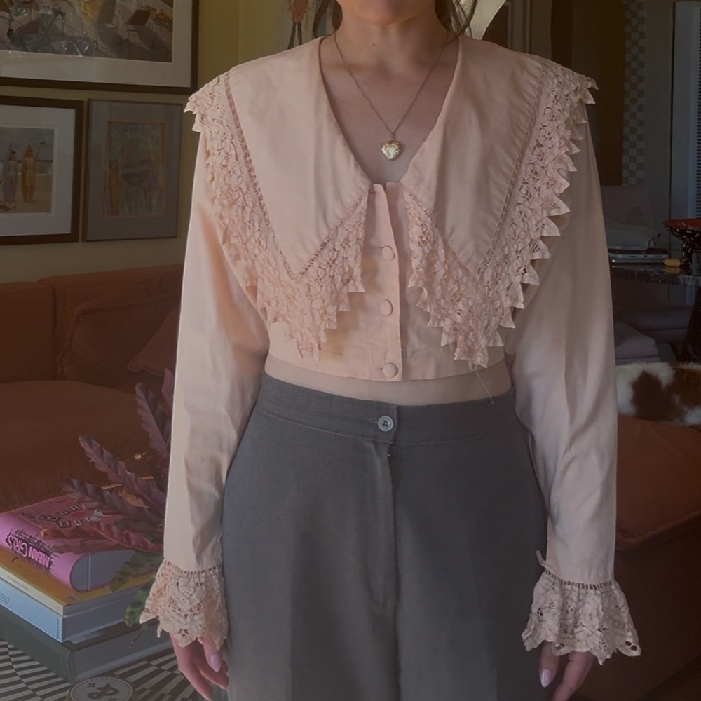 Elegant Vintage Pink Lace-Trimmed Blouse